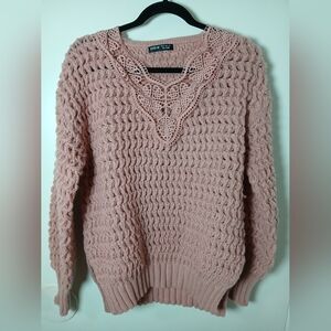 Pink Crochet Knit Sweater Medium US 6 EU 38 Lace V-Neck Long Sleeve